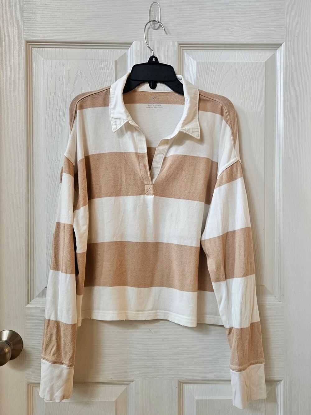 aerie Beige & Cream Oversized Rugby Shirt Womens Size Small